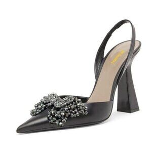 Elegant Black Slingback Heels with Embellished Bow